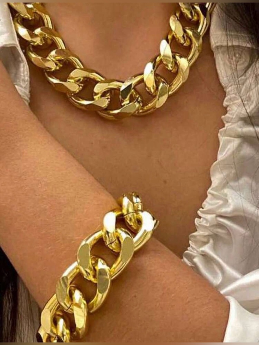 Gold Chunky Chain Necklace and Bracelet Set - Women Jewelry